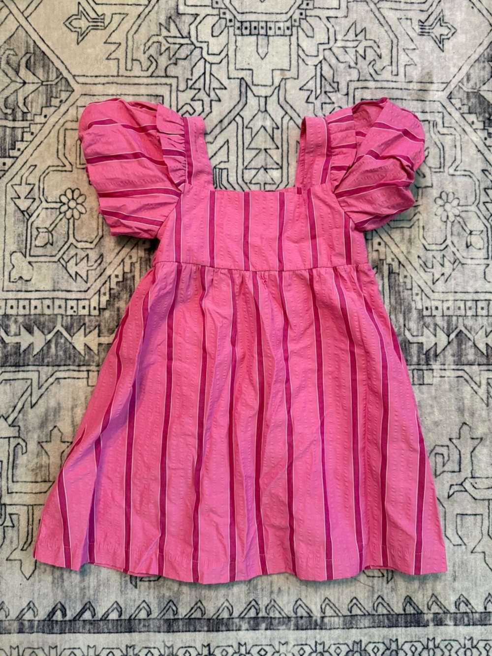 Duffield Lane pink stripe dress puff sleeve girls matching sz 12 wedding spring